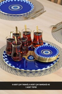 Glore Nazar Mavi Altın Yaldızlı 6 Kişilik 13 Parça Tepsili Çay Takımı - 1