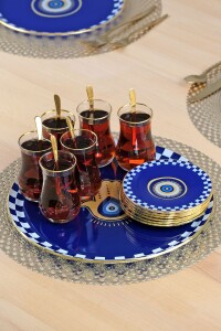 Glore Nazar Mavi Altın Yaldızlı 6 Kişilik 13 Parça Tepsili Çay Takımı - 2