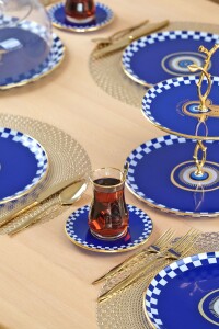 Glore Nazar Mavi Altın Yaldızlı 6 Kişilik 22 Parça Pasta Çay Servis Takımı - 4
