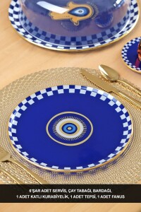 Glore Nazar Mavi Altın Yaldızlı 6 Kişilik 22 Parça Pasta Çay Servis Takımı - 1