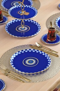 Glore Nazar Mavi Altın Yaldızlı 6 Kişilik 22 Parça Pasta Çay Servis Takımı - 2