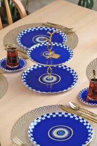 Glore Nazar Mavi Altın Yaldızlı 6 Kişilik 22 Parça Pasta Çay Servis Takımı - 3