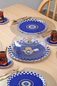 Glore Nazar Mavi Altın Yaldızlı 6 Kişilik 22 Parça Pasta Çay Servis Takımı - 5