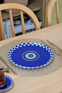 Glore Nazar Mavi Altın Yaldızlı 6 Kişilik 22 Parça Pasta Çay Servis Takımı - 6