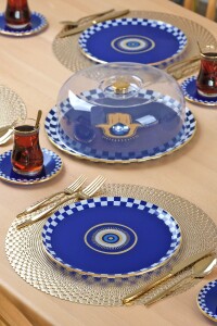 Glore Nazar Mavi Altın Yaldızlı 6 Kişilik 22 Parça Pasta Çay Servis Takımı - 7