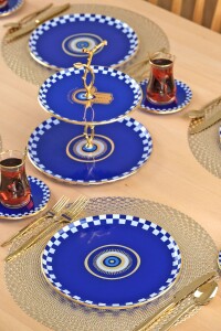 Glore Nazar Mavi Altın Yaldızlı 6 Kişilik 22 Parça Pasta Çay Servis Takımı - 8