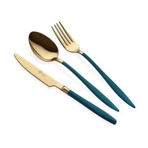 Glore Paris 6 Kişilik Çatal Kaşık Bıçak Takımı Gold-Yeşil - Glore