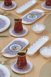 Glore Purple 32 Parça 6 Kişilik Altın Yaldızlı Seramik Kahvaltı Takımı - 2