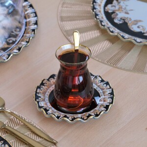 Glore Ragusa 6 Kişilik Altın Yaldızlı Cam Çay Tabağı Takımı - Glore