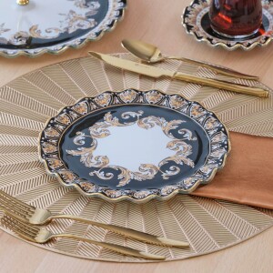 Glore Ragusa Altın Yaldızlı 6 Kişilik Cam Pasta Tabağı Takımı - Glore