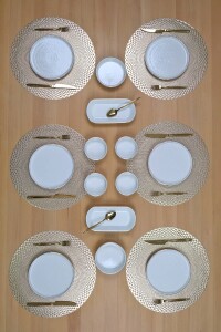 Glore Reaktif Krem Altın Yaldızlı 14 Parça 6 Kişilik Kahvaltı Takımı - Glore