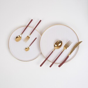 Glore Roma 6 Kişilik Çatal Kaşık Bıçak Takımı Gold-Kırmızı - Glore