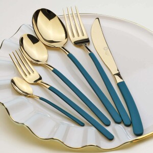 Glore Roma 6 Kişilik Çatal Kaşık Bıçak Takımı Gold-Yeşil - Glore