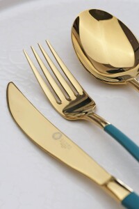 Glore Roma 6 Kişilik Çatal Kaşık Bıçak Takımı Gold-Yeşil - Glore (1)