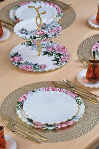 Glore Roseline Krem Altın Yaldızlı 6 Kişilik 28 Parça Pasta Çay Servis Takımı - Glore (1)