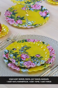 Glore Roseline Sarı Altın Yaldızlı 6 Kişilik 28 Parça Pasta Çay Servis Takımı - 1
