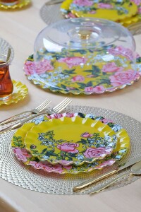 Glore Roseline Sarı Altın Yaldızlı 6 Kişilik 28 Parça Pasta Çay Servis Takımı - 3