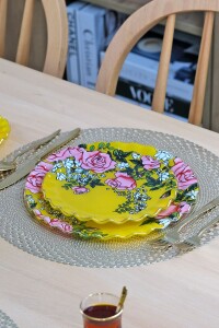 Glore Roseline Sarı Altın Yaldızlı 6 Kişilik 28 Parça Pasta Çay Servis Takımı - 5