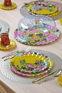 Glore Roseline Sarı Altın Yaldızlı 6 Kişilik 28 Parça Pasta Çay Servis Takımı - 6