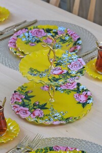 Glore Roseline Sarı Altın Yaldızlı 6 Kişilik 28 Parça Pasta Çay Servis Takımı - 7