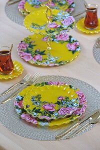 Glore Roseline Sarı Altın Yaldızlı 6 Kişilik 28 Parça Pasta Çay Servis Takımı - 8
