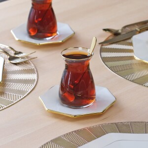 Glore Sekizgen Krem Altın Yaldızlı 12 Parça 6 Kişilik Cam Çay Takımı - Glore