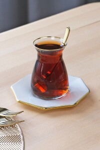 Glore Sekizgen Krem Altın Yaldızlı 12 Parça 6 Kişilik Cam Çay Takımı - Glore (1)