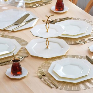 Glore Sekizgen Krem Altın Yaldızlı 6 Kişilik 34 Parça Pasta Servis Takımı - Glore