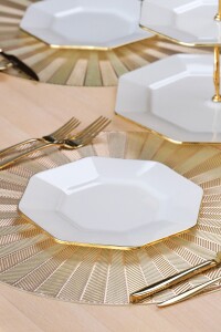 Glore Sekizgen Krem Altın Yaldızlı 6 Kişilik Cam Pasta Tabağı Takımı - 6