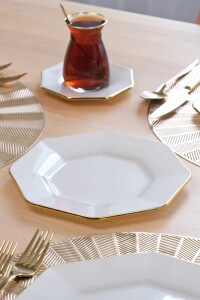 Glore Sekizgen Krem Altın Yaldızlı 6 Kişilik Cam Pasta Tabağı Takımı - 7