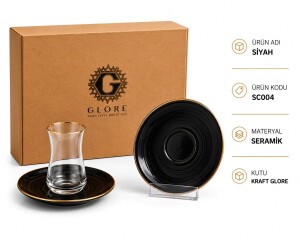 Glore Siyah 12 Parça 6 Kişilik Altın Yaldızlı Seramik Çay Takımı - Glore