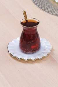  Glore Solid Krem Wavy 12 Parça 6 Kişilik Altın Yaldızlı Cam Çay Takımı - Glore (1)