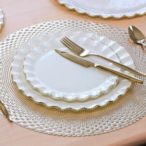 Glore Solid Krem Wavy Altın Yaldızlı 6 Kişilik 34 Parça Pasta Servis Takımı - Glore