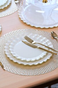Glore Solid Krem Wavy Altın Yaldızlı 6 Kişilik 28 Parça Pasta Servis Takımı - 3