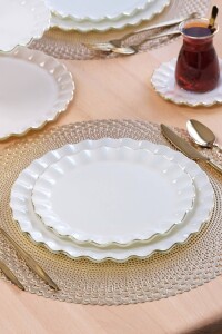 Glore Solid Krem Wavy Altın Yaldızlı 6 Kişilik 28 Parça Pasta Servis Takımı - 5