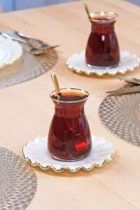 Glore Solid Krem Wavy Altın Yaldızlı 6 Kişilik Cam Çay Tabağı Takımı - 2
