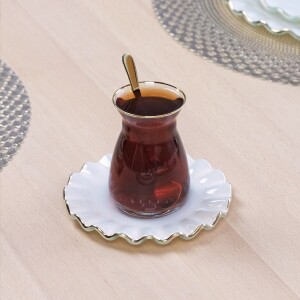 Glore Solid Krem Wavy Altın Yaldızlı 6 Kişilik Cam Çay Tabağı Takımı - Glore