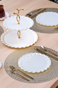 Glore Solid Krem Wavy Altın Yaldızlı 6 Kişilik Cam Pasta Tabağı Takımı - Glore (1)