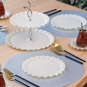 Glore Solid Krem Wavy Platin Yaldızlı 6 Kişilik 25 Parça Pasta Çay İkram Takımı - 1