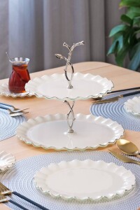 Glore Solid Krem Wavy Platin Yaldızlı 6 Kişilik 25 Parça Pasta Çay İkram Takımı - 4