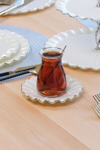 Glore Solid Krem Wavy Platin Yaldızlı 6 Kişilik 25 Parça Pasta Çay İkram Takımı - 5