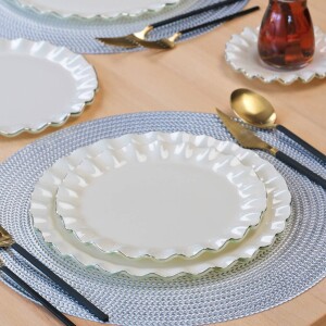 Glore Solid Krem Wavy Platin Yaldızlı 6 Kişilik 34 Parça Pasta Servis Takımı - Glore