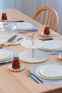 Glore Solid Krem Wavy Platin Yaldızlı 6 Kişilik 34 Parça Pasta Servis Takımı - Glore (1)