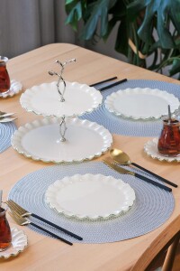Glore Solid Krem Wavy Platin Yaldızlı 6 Kişilik Cam Pasta Tabağı Takımı - Glore (1)