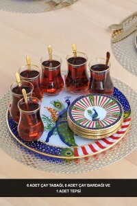 Glore Tavus Altın Yaldızlı 6 Kişilik 13 Parça Tepsili Çay Takımı - Glore