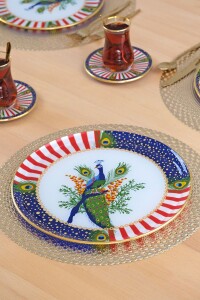 Glore Tavus Altın Yaldızlı 6 Kişilik 13 Parça Tepsili Çay Takımı - 3