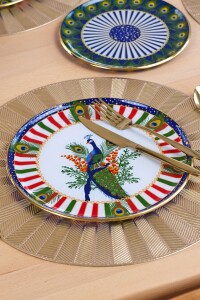 Glore Tavus Altın Yaldızlı 6 Kişilik 27 Parça Pasta Çay Servis İkram Takımı - Glore