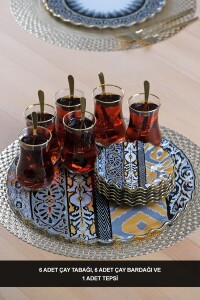 Glore Vintage Altın Yaldızlı 6 Kişilik 13 Parça Tepsili Çay Takımı - Glore
