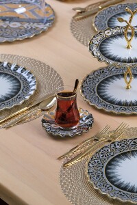 Glore Vintage Altın Yaldızlı 6 Kişilik 22 Parça Pasta Çay Servis Takımı - 6