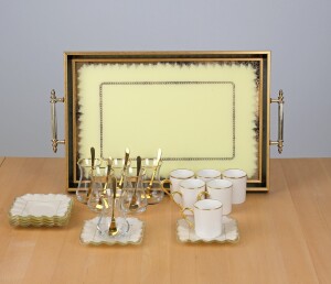 Kare Latte Şeffaf Altın 25 Parça Tepsili Çay-Kahve - 